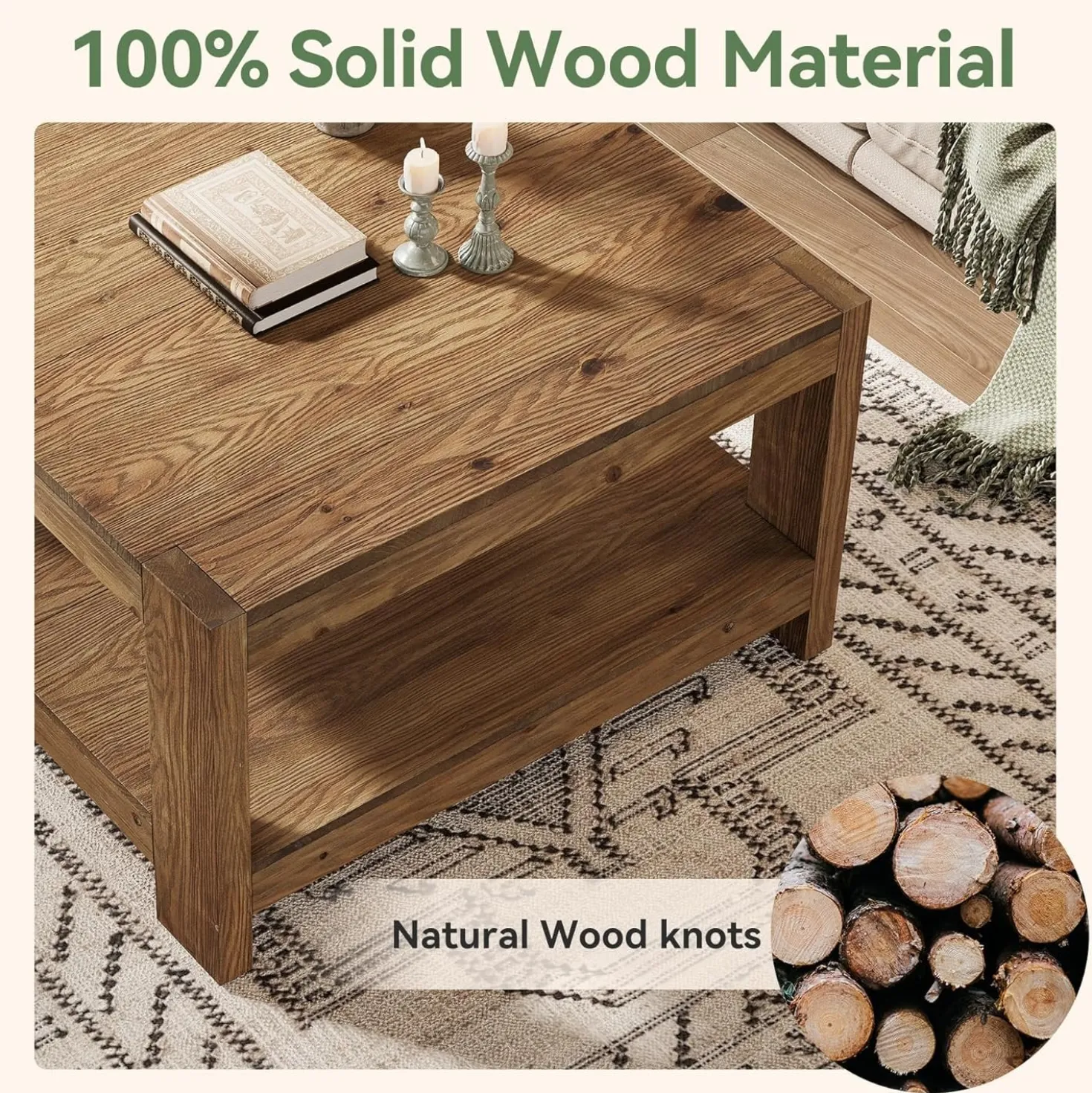 31.5" Wood Coffee Table, Square Farmhouse Center Table with Storage Shelf