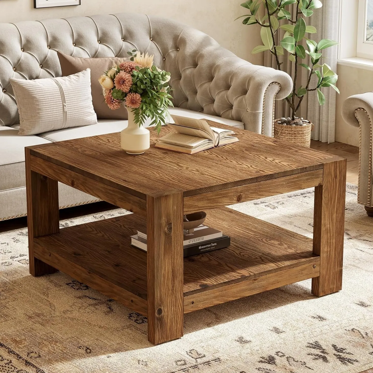 31.5" Wood Coffee Table, Square Farmhouse Center Table with Storage Shelf