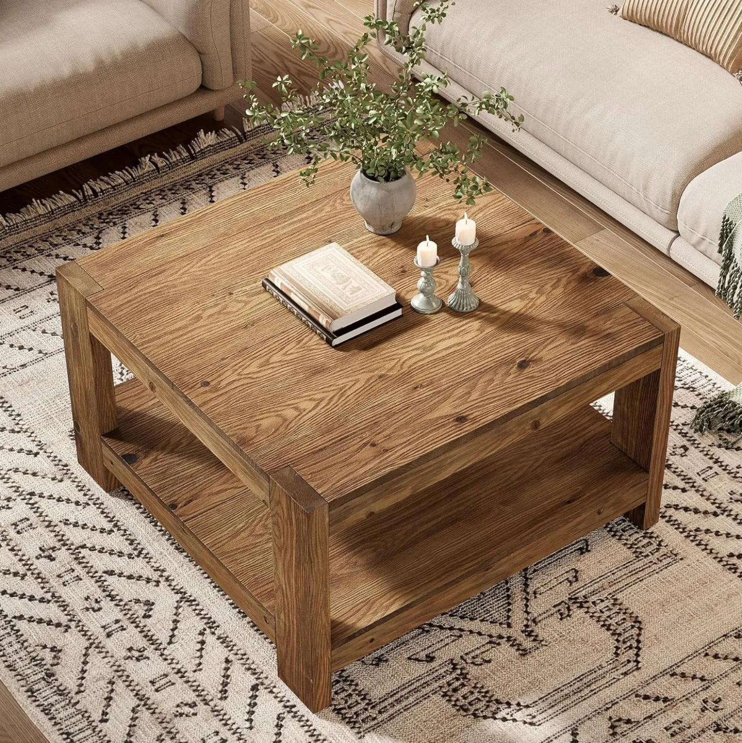31.5" Wood Coffee Table, Square Farmhouse Center Table with Storage Shelf