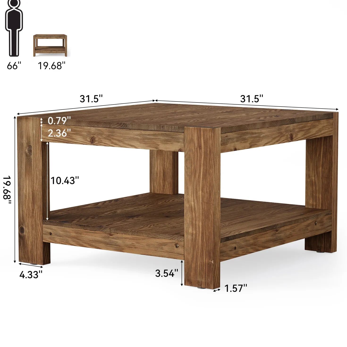 31.5" Wood Coffee Table, Square Farmhouse Center Table with Storage Shelf