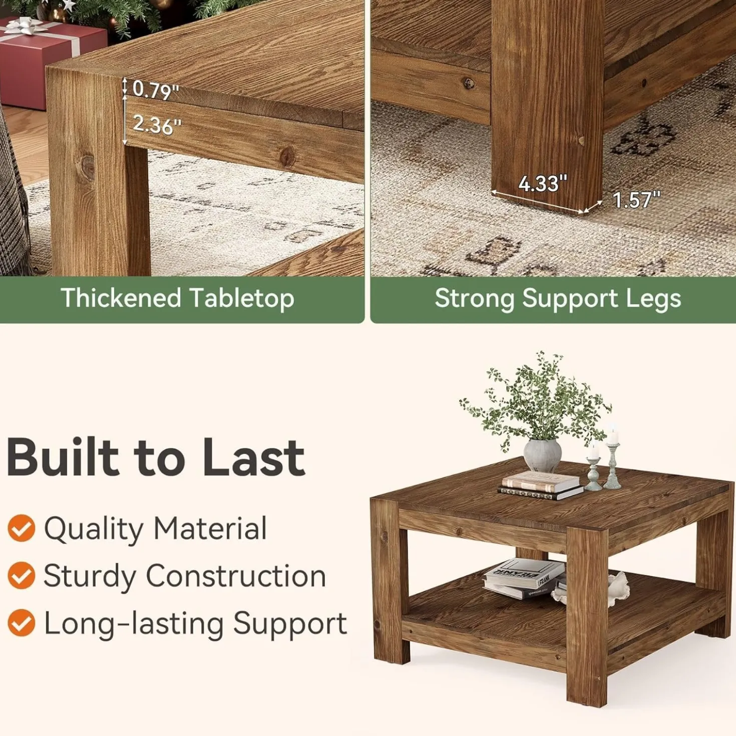 31.5" Wood Coffee Table, Square Farmhouse Center Table with Storage Shelf