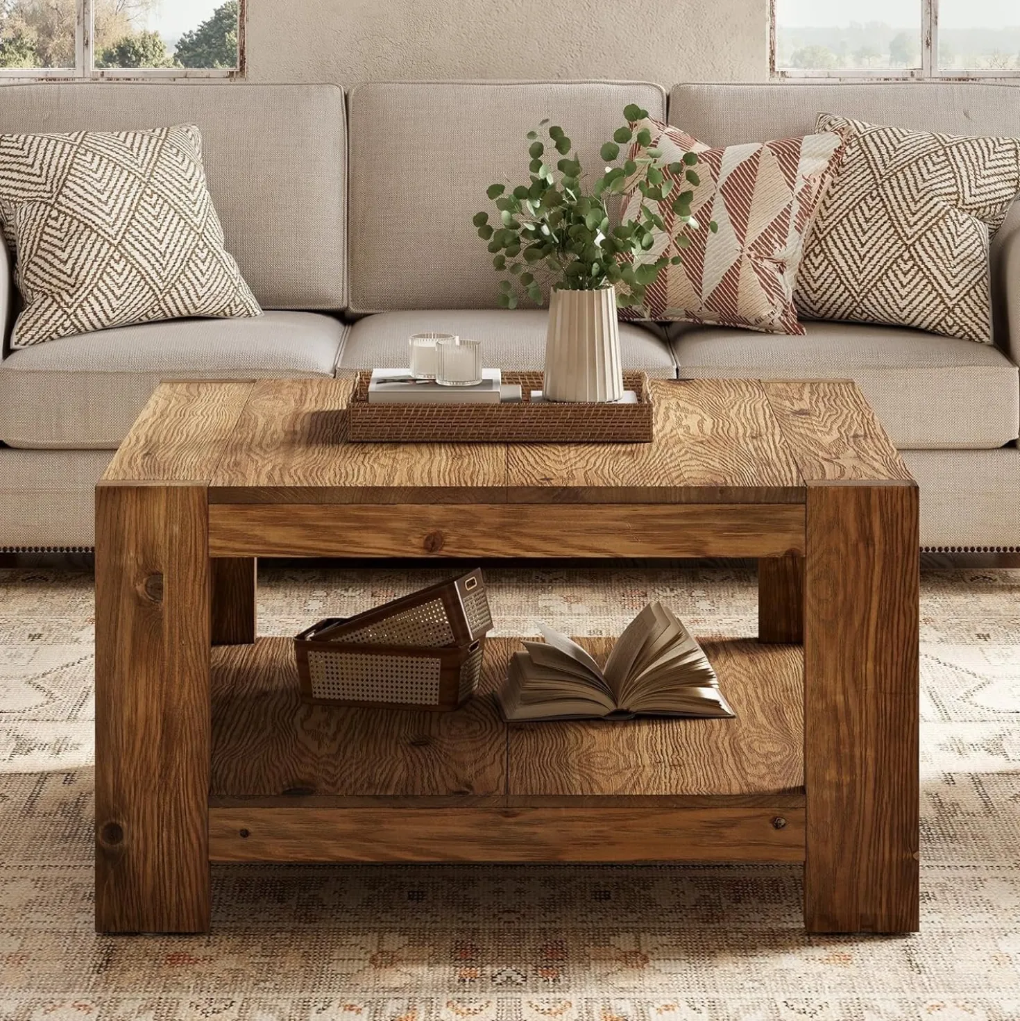 31.5" Wood Coffee Table, Square Farmhouse Center Table with Storage Shelf