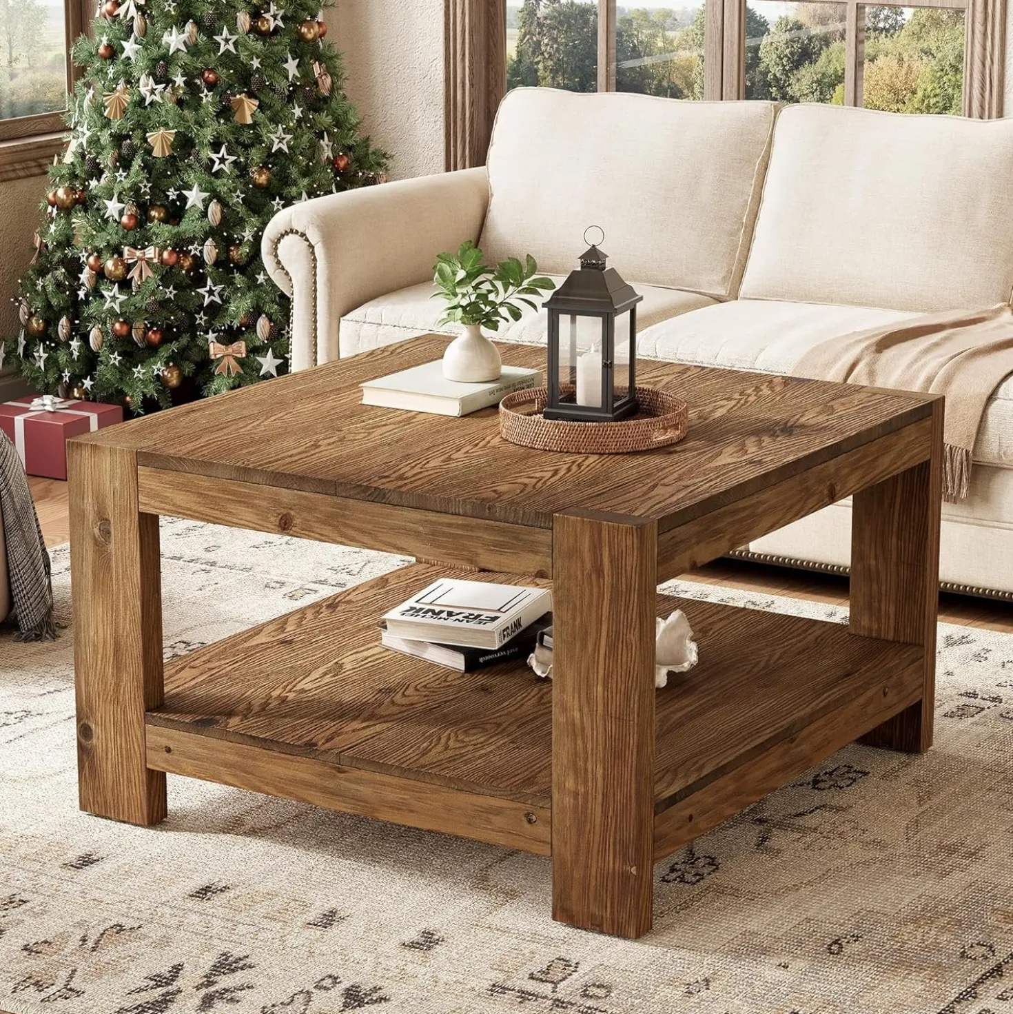 31.5" Wood Coffee Table, Square Farmhouse Center Table with Storage Shelf