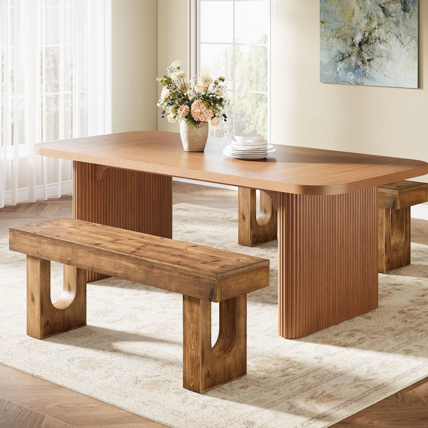 47" Wood Dining Bench, Farmhouse Kitchen Table Bench with Sturdy Legs