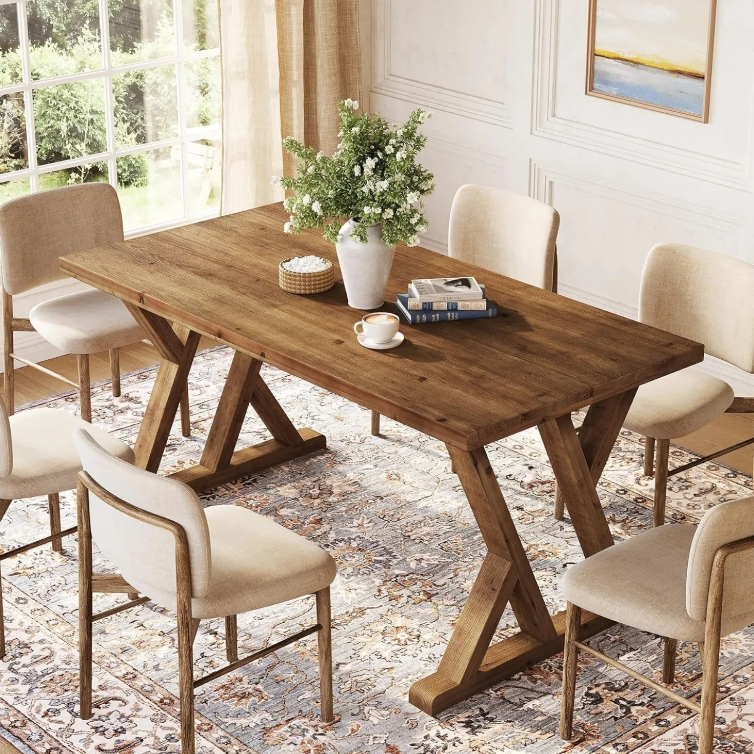 63" Wood Dining Table, Farmhouse Kitchen Dinner Table for 4-6 People