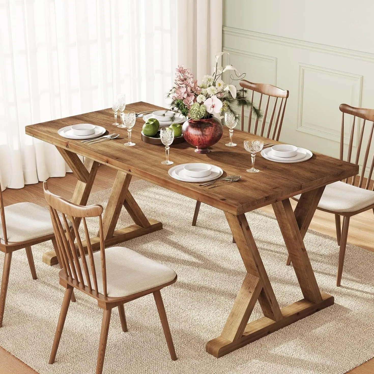 63" Wood Dining Table, Farmhouse Kitchen Dinner Table for 4-6 People