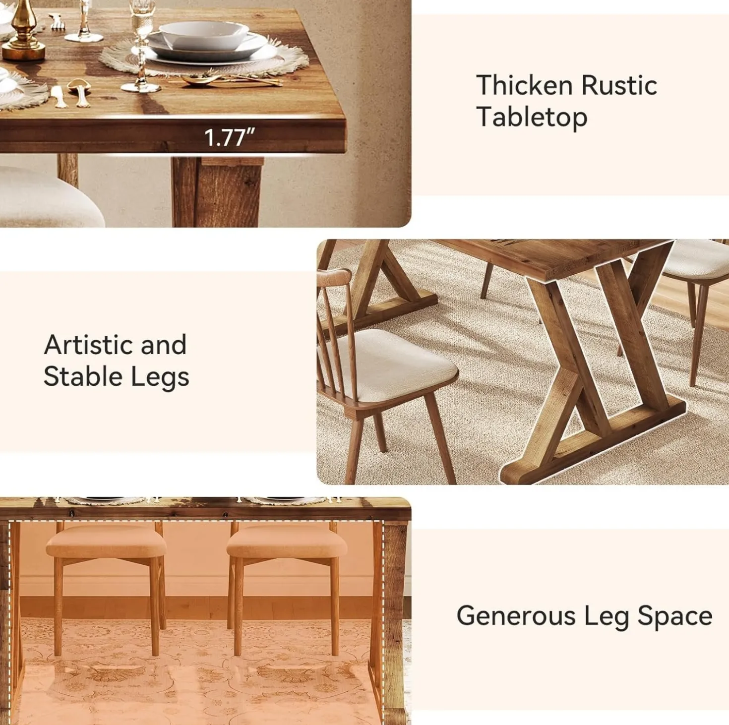 63" Wood Dining Table, Farmhouse Kitchen Dinner Table for 4-6 People