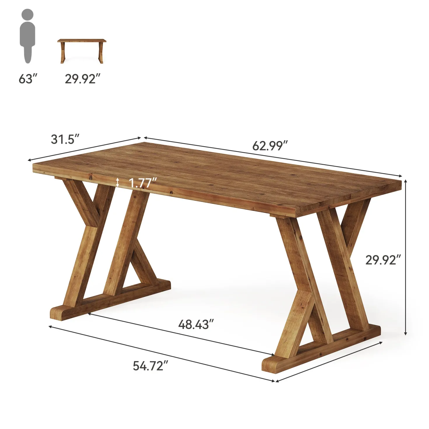 63" Wood Dining Table, Farmhouse Kitchen Dinner Table for 4-6 People