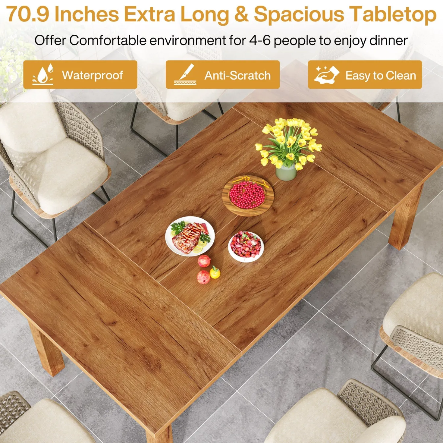 70.9" Wood Dining Table for 6-8 People, Farmhouse Breakfast Table