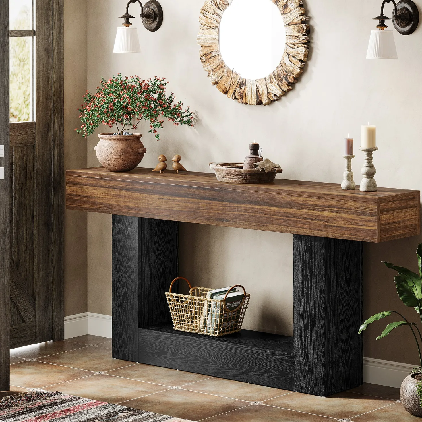 63" Wooden Console Table, Farmhouse 2-Tier Sofa Table Entryway Table