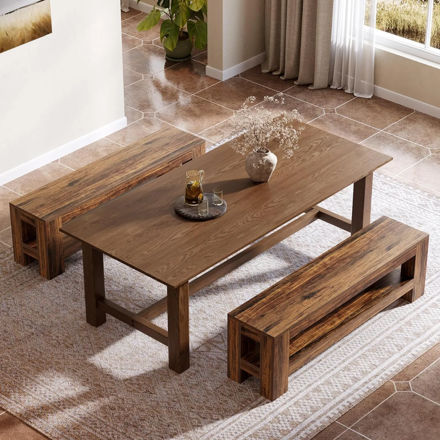 59" Wooden Dining Bench, Farmhouse Indoor Kitchen Bench with Storage Shelf