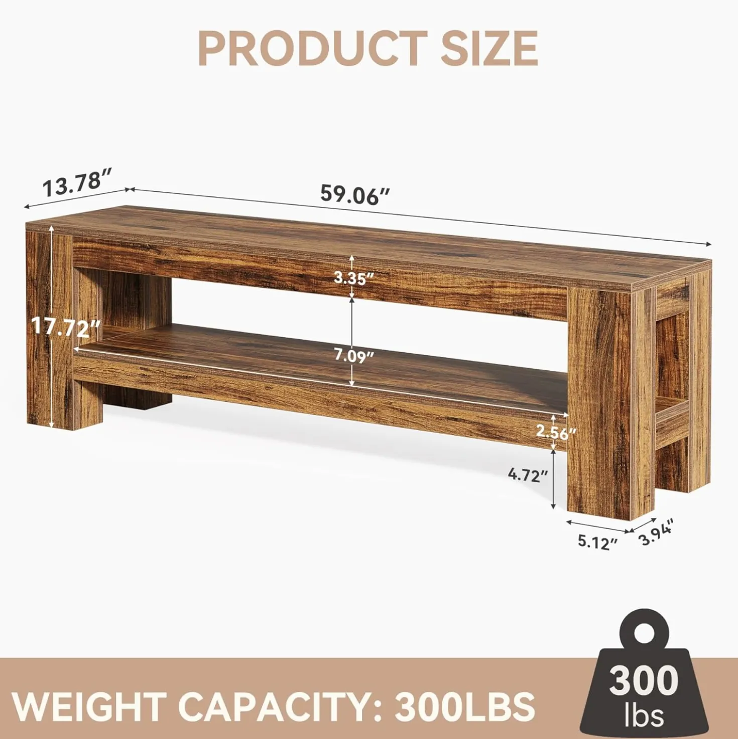 59" Wooden Dining Bench, Farmhouse Indoor Kitchen Bench with Storage Shelf