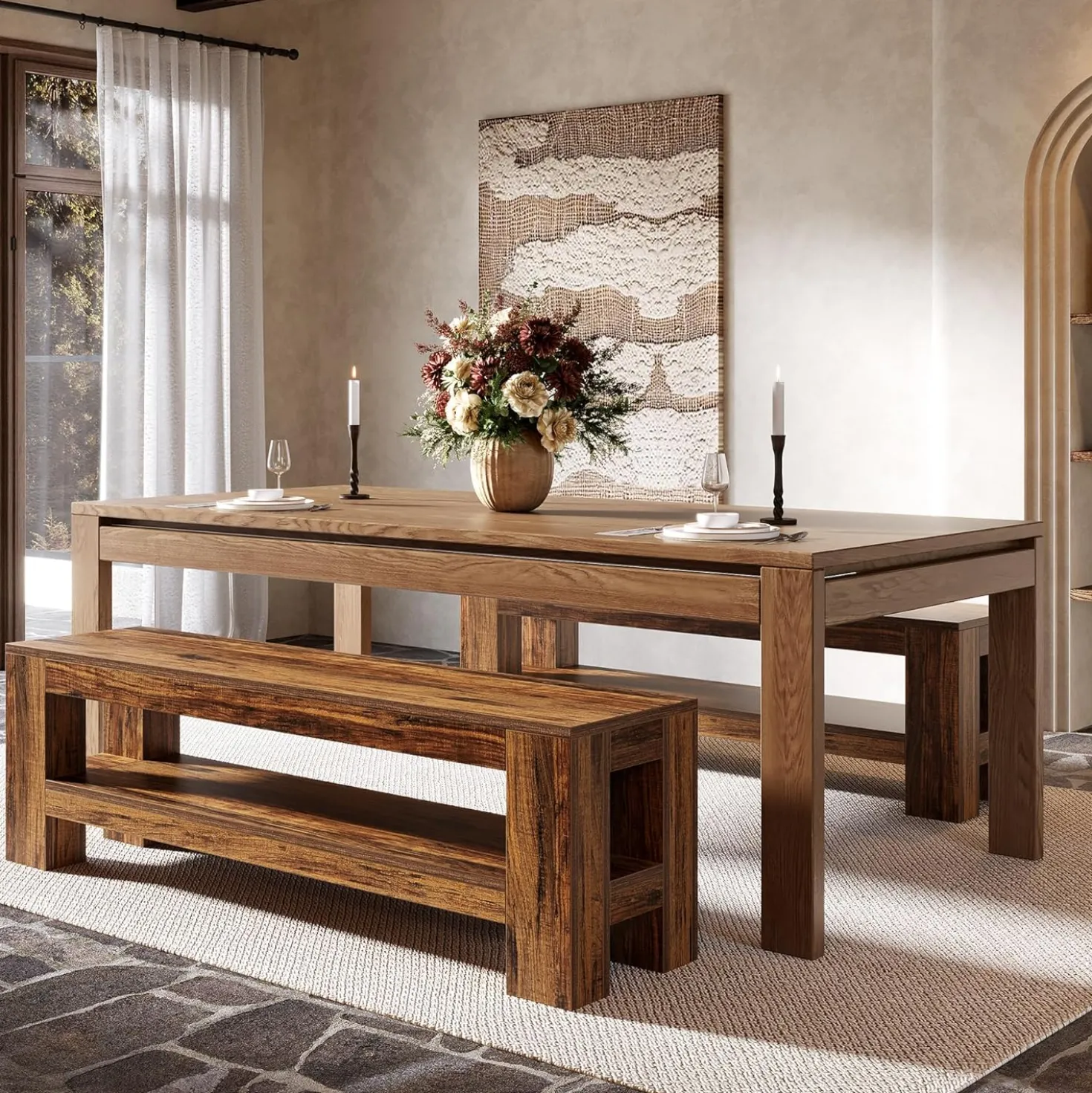 59" Wooden Dining Bench, Farmhouse Indoor Kitchen Bench with Storage Shelf