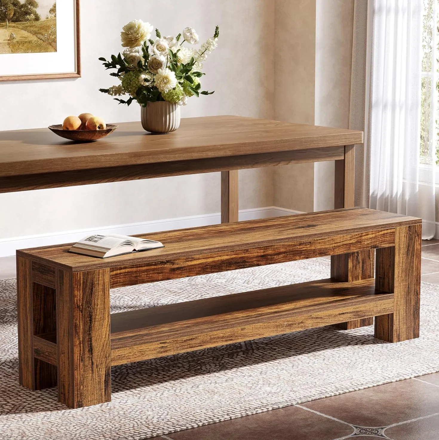 59" Wooden Dining Bench, Farmhouse Indoor Kitchen Bench with Storage Shelf