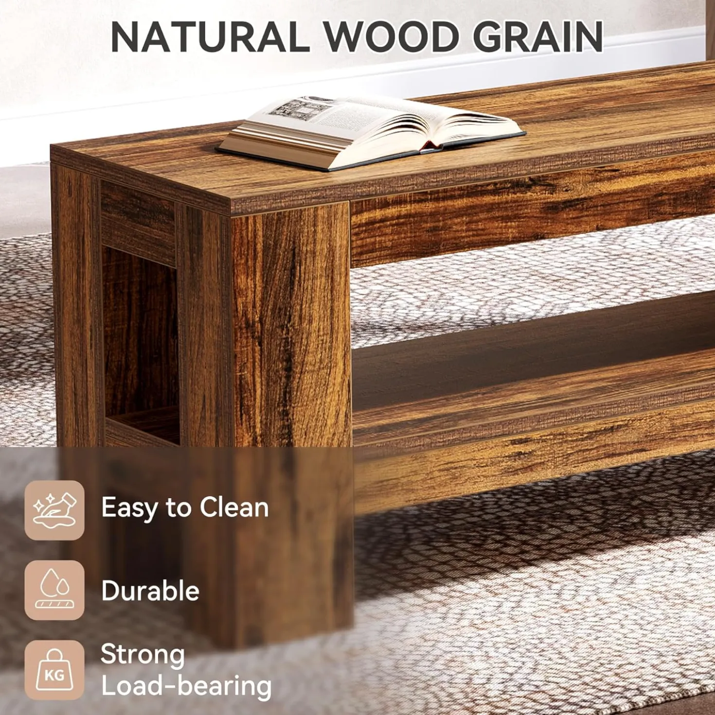 59" Wooden Dining Bench, Farmhouse Indoor Kitchen Bench with Storage Shelf