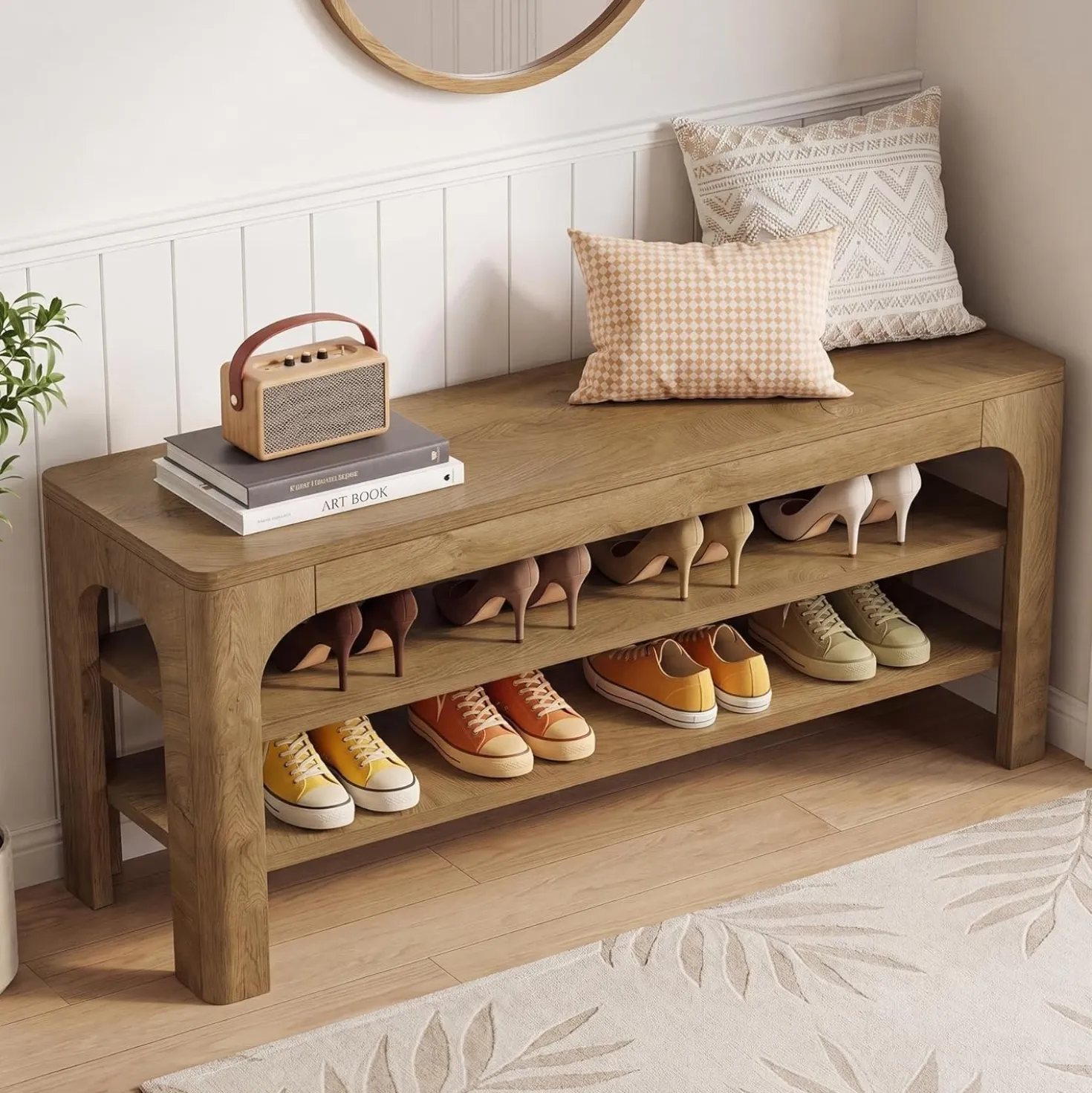47.2" Wooden Shoe Storage Bench, Farmhouse Entryway Shoe Rack Bench with 2-Tier Open Shelves