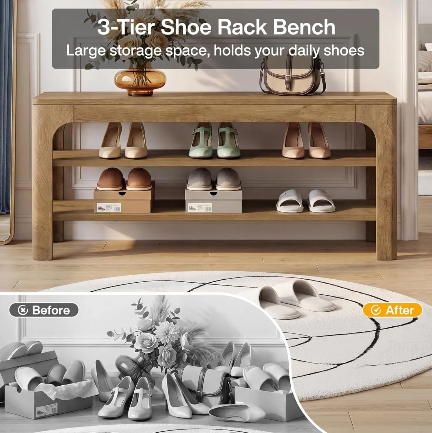 47.2" Wooden Shoe Storage Bench, Farmhouse Entryway Shoe Rack Bench with 2-Tier Open Shelves