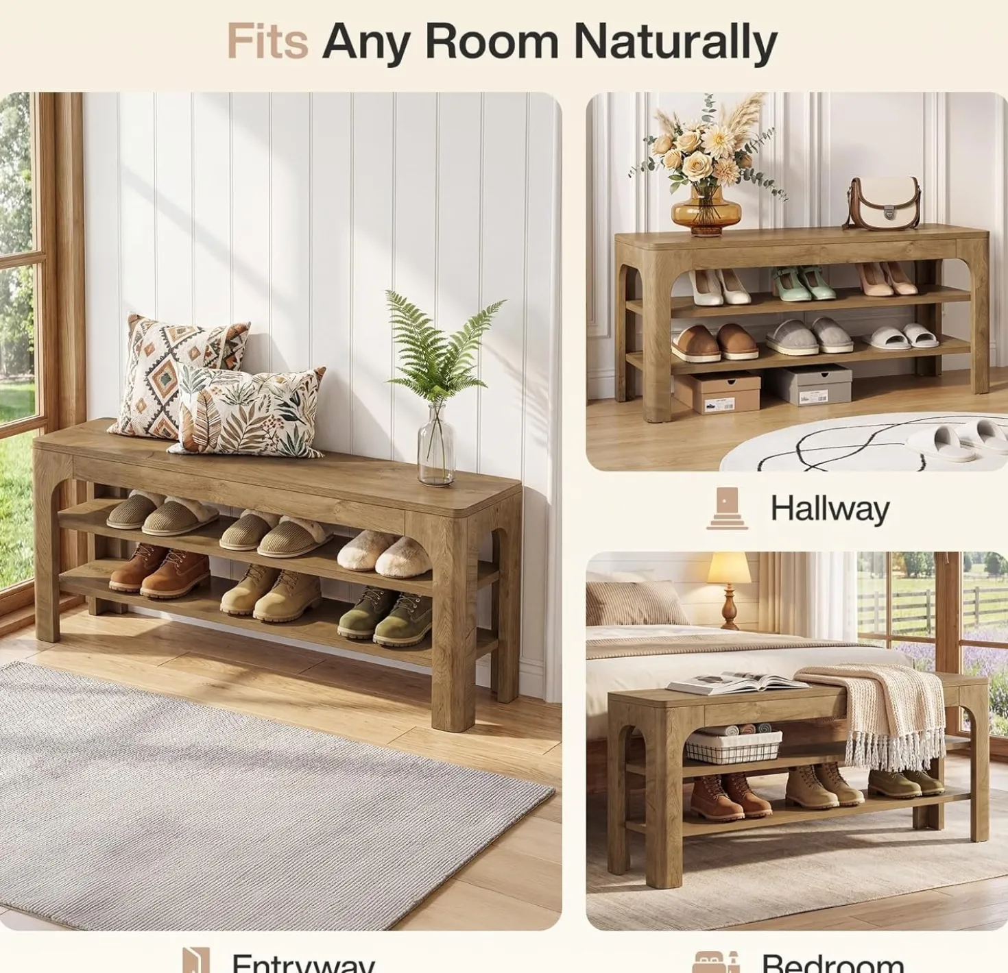 47.2" Wooden Shoe Storage Bench, Farmhouse Entryway Shoe Rack Bench with 2-Tier Open Shelves