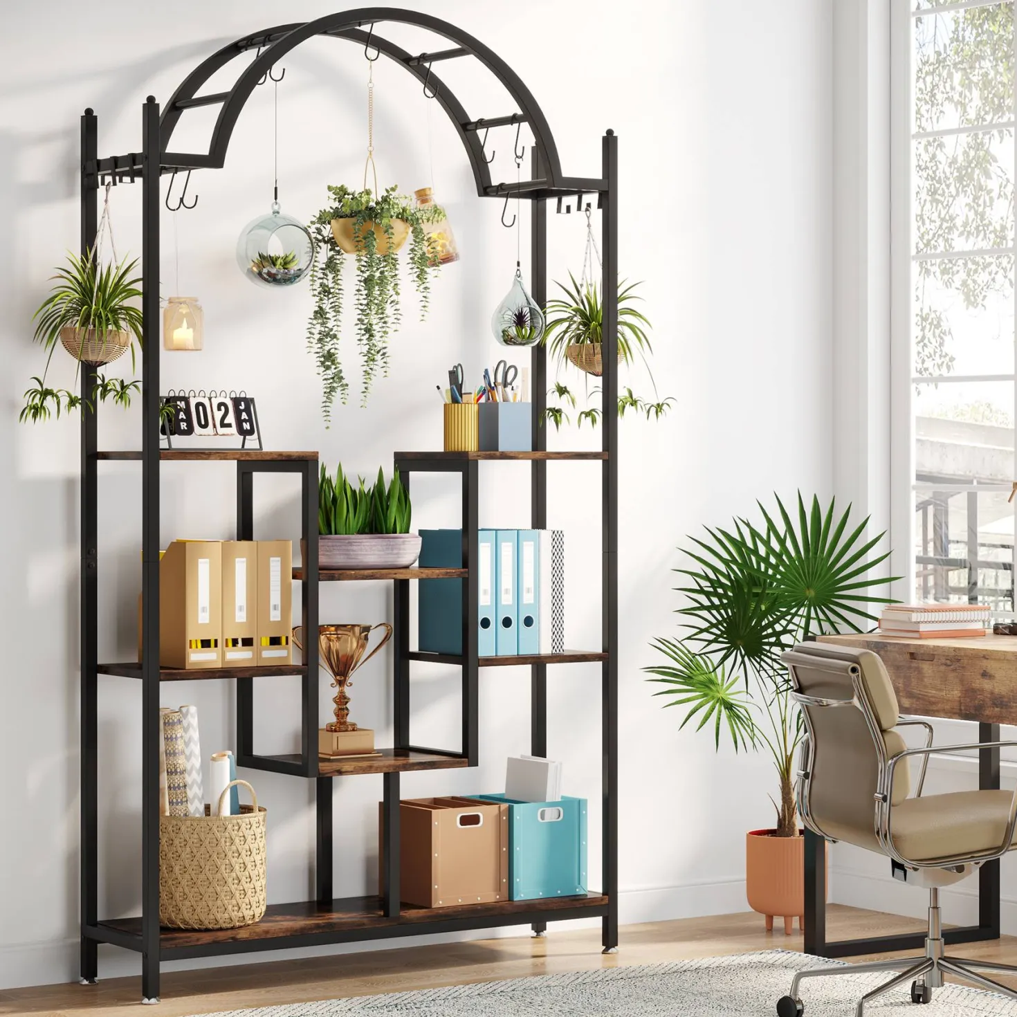 Arched Plant Stand, 74.8" Flower Stands with Hanging Hooks