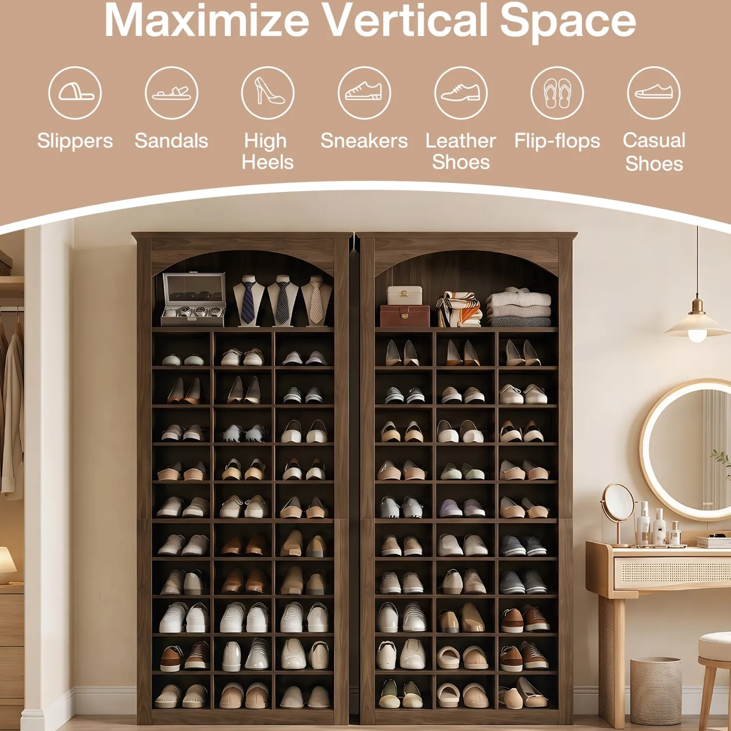 30-Cube Shoe Rack, 68.9" Shoe Cabinet with Arched Display Shelf for Entryway