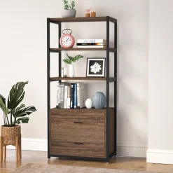 2-Drawer Bookshelf Etagere Bookcase with Open Shelves