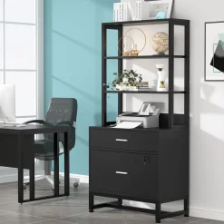 2-Drawer File Cabinet, Vertical Filing Cabinet with Lock & Bookshelf