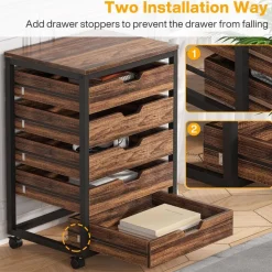 5-Drawer File Cabinet, Wood Mobile Storage Drawer Unit Industrial Office Cabinet with Drawers & Wheels