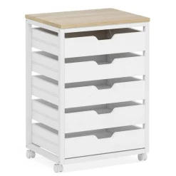 5-Drawer File Cabinet, Wood Mobile Storage Drawer Unit Industrial Office Cabinet with Drawers & Wheels