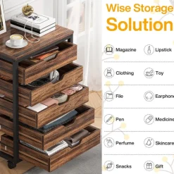 5-Drawer File Cabinet, Wood Mobile Storage Drawer Unit Industrial Office Cabinet with Drawers & Wheels