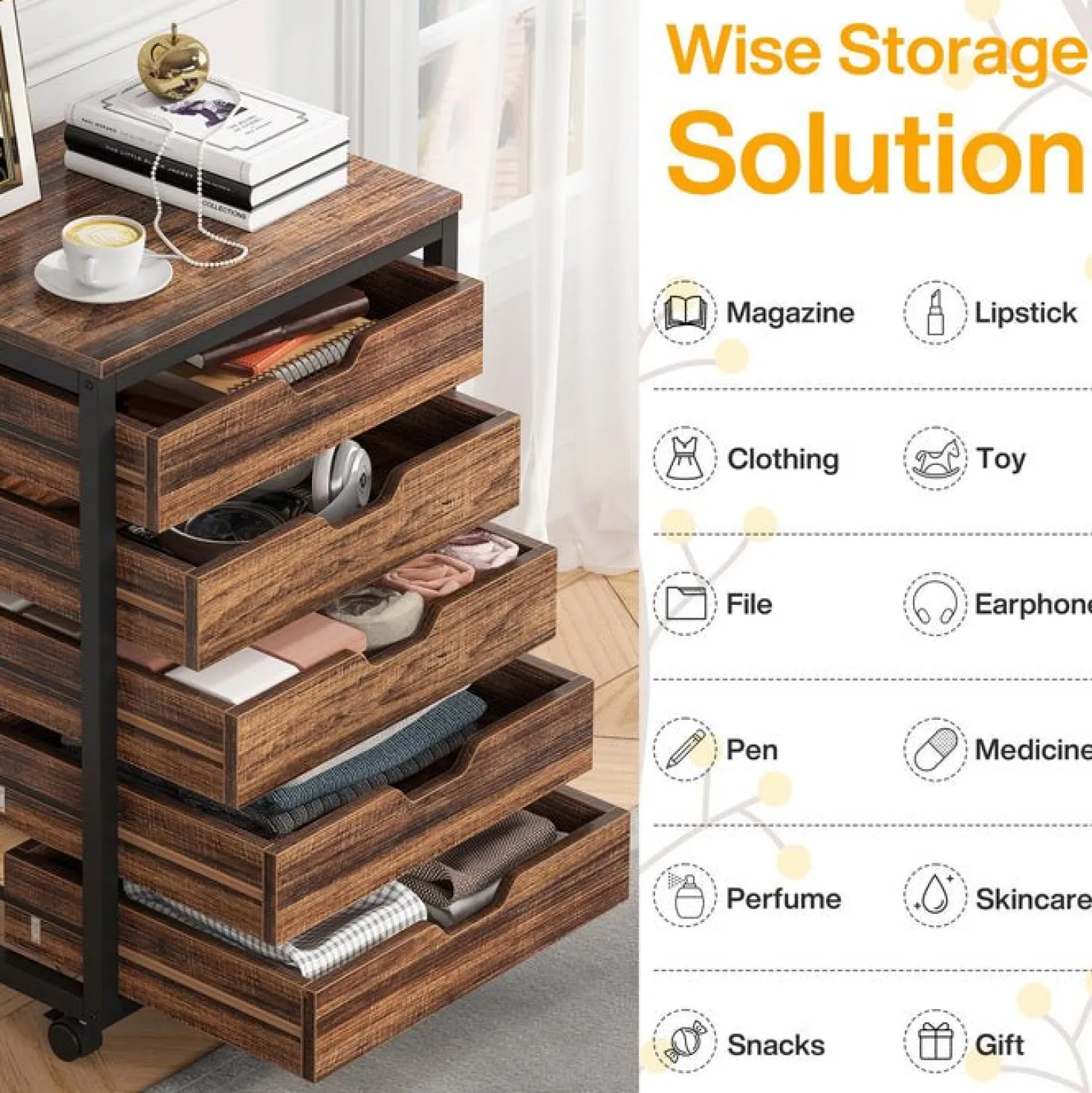5-Drawer File Cabinet, Wood Mobile Storage Drawer Unit Industrial Office Cabinet with Drawers & Wheels