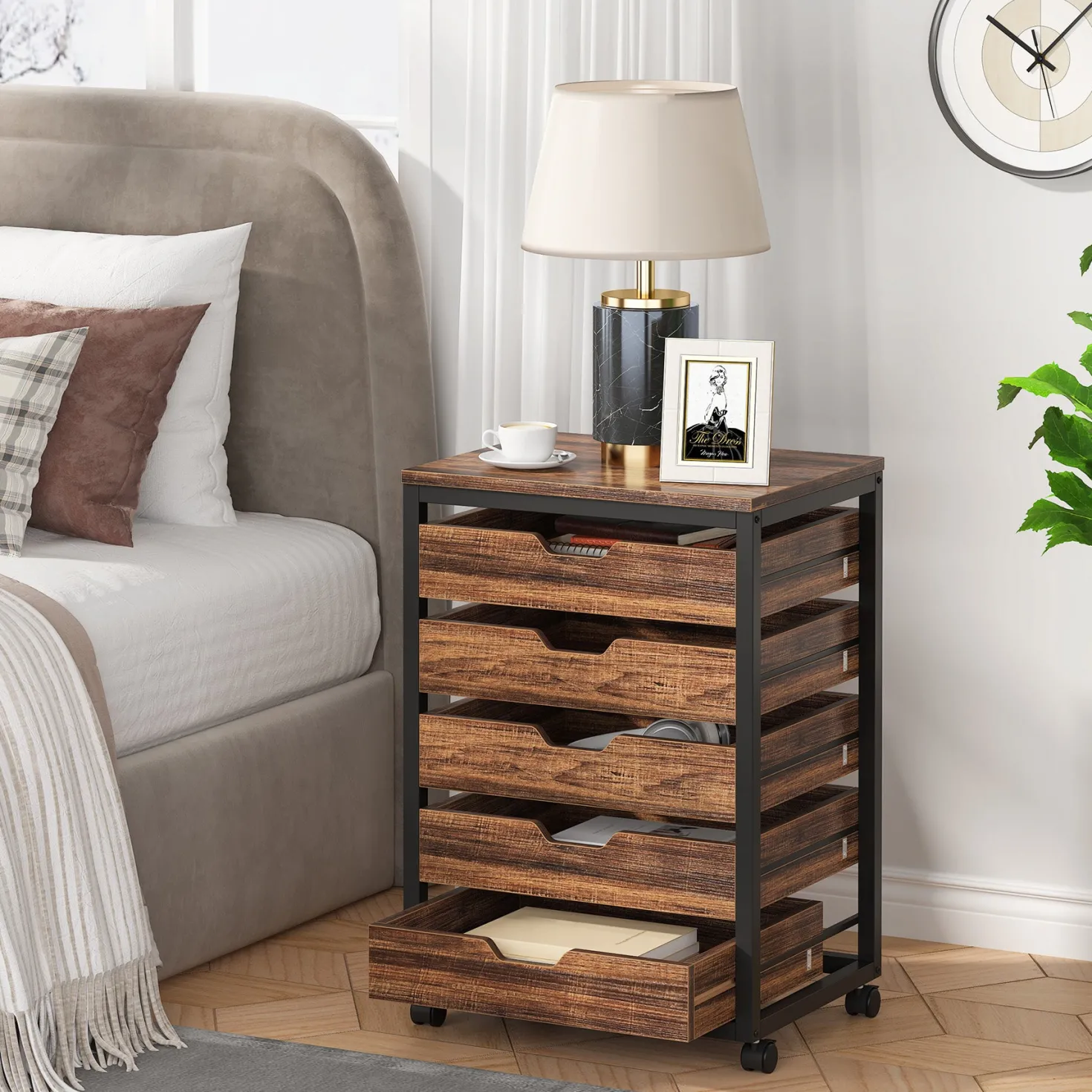 5-Drawer File Cabinet, Wood Mobile Storage Drawer Unit Industrial Office Cabinet with Drawers & Wheels