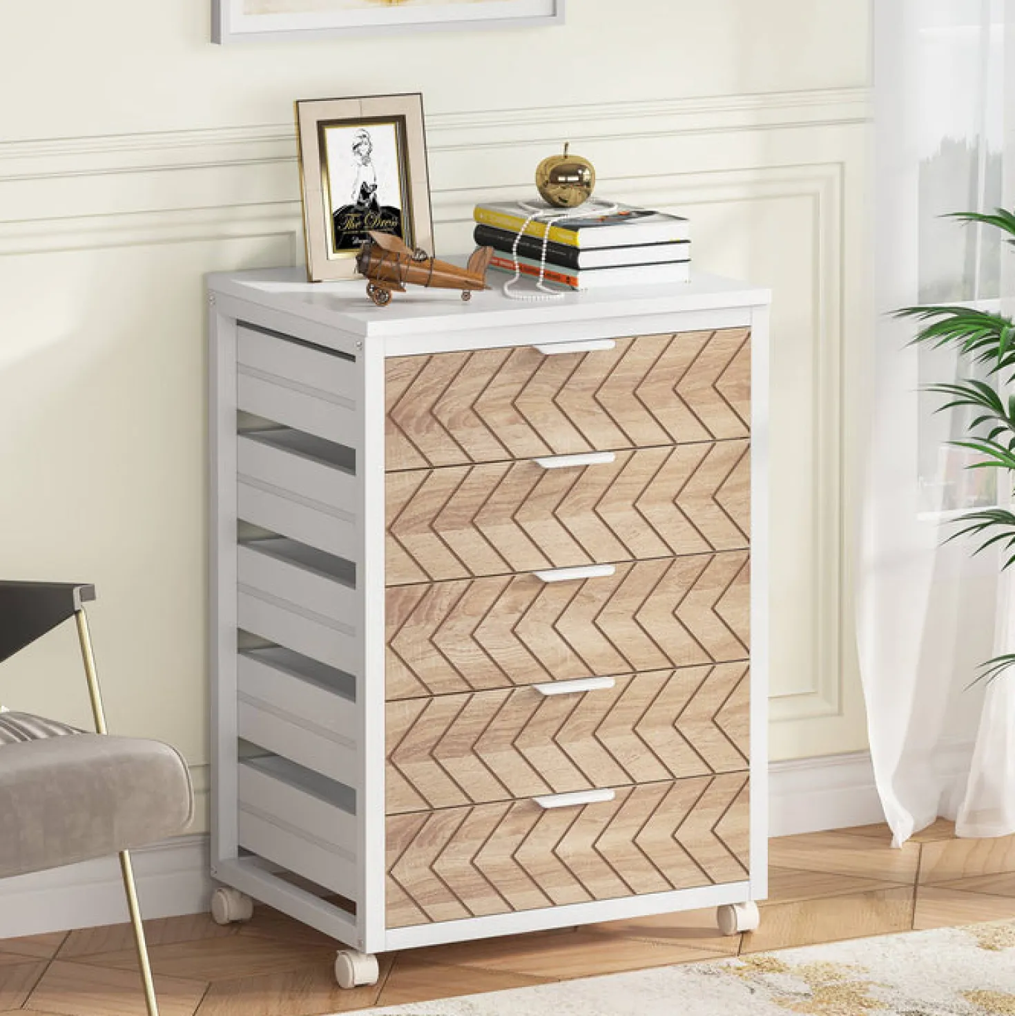 5-Drawer File Cabinet, Wood Mobile Storage Drawer Unit Industrial Office Cabinet with Drawers & Wheels