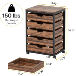 5-Drawer File Cabinet, Wood Mobile Storage Drawer Unit Industrial Office Cabinet with Drawers & Wheels