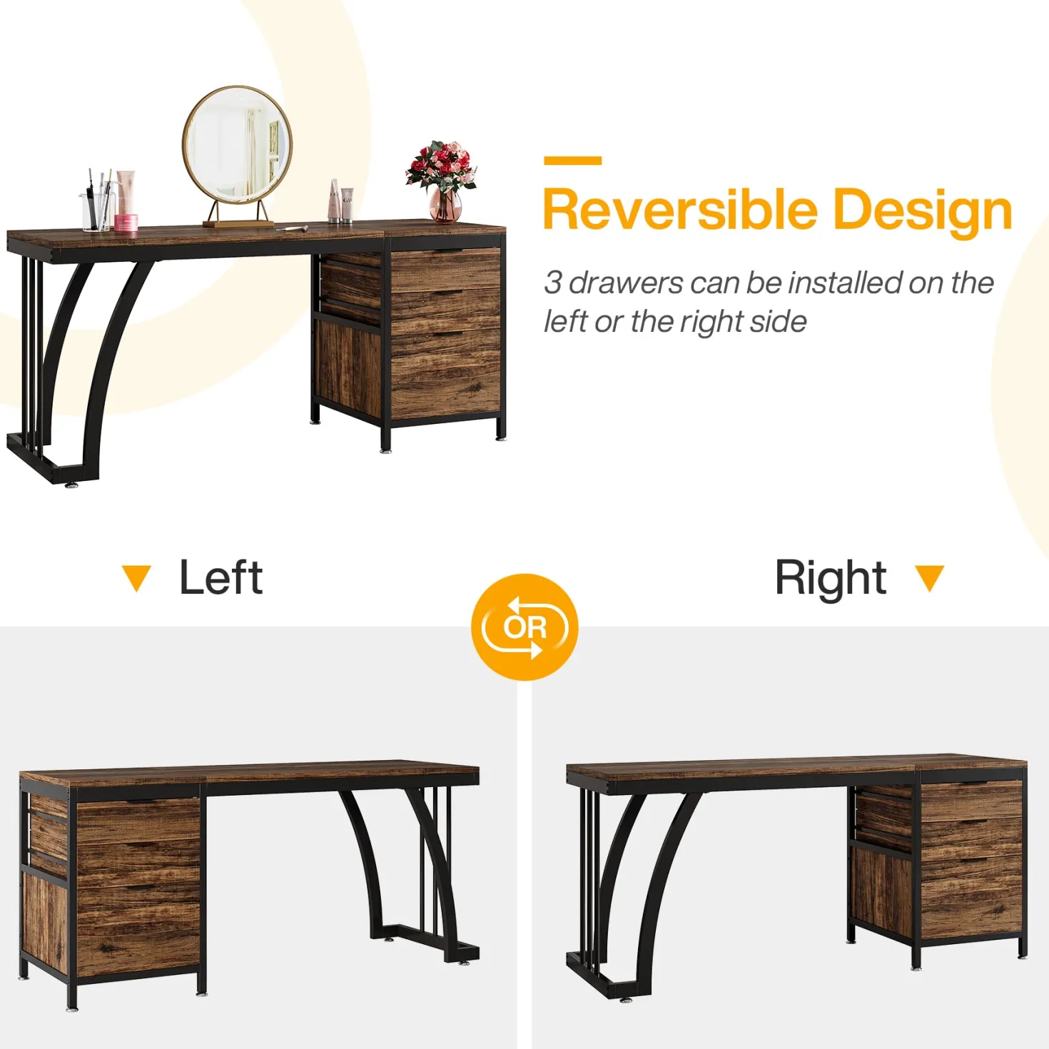 3-Drawer Makeup Vanity Desk, 59" Dressing Table with Reversible Drawers (Only Desk)
