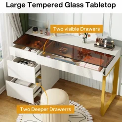 4-Drawer Makeup Vanity, Modern Dressing Table with Glass Desktop(Without Mirror)