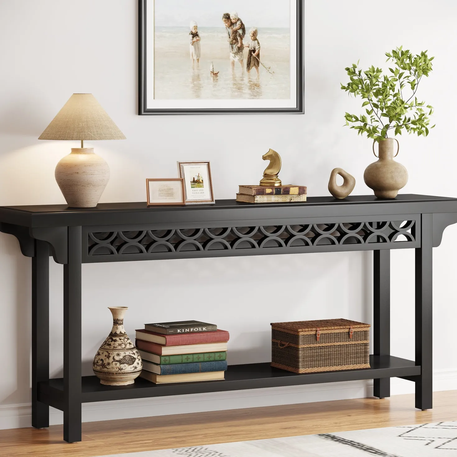 Farmhouse Console Table, 70.8" Narrow Wood Sofa Table with Storage