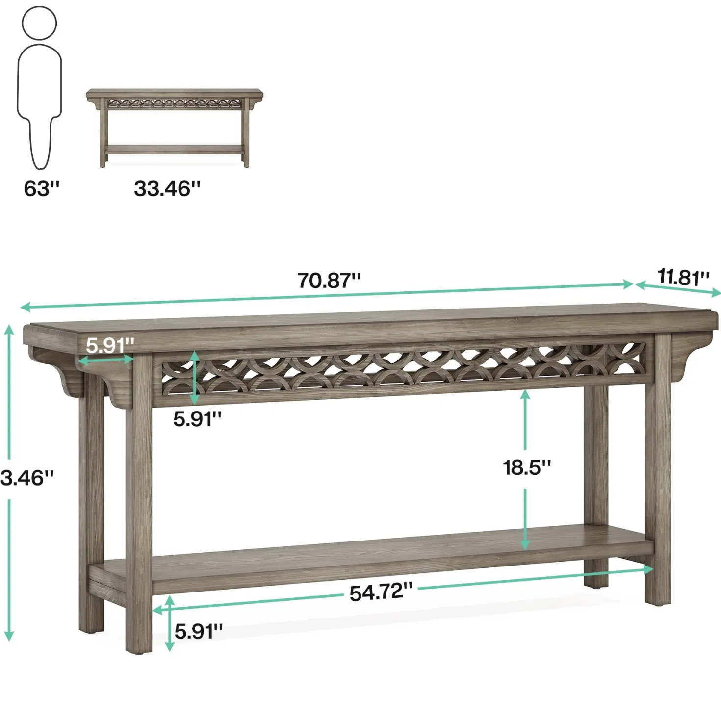 Farmhouse Console Table, 70.8" Narrow Wood Sofa Table with Storage