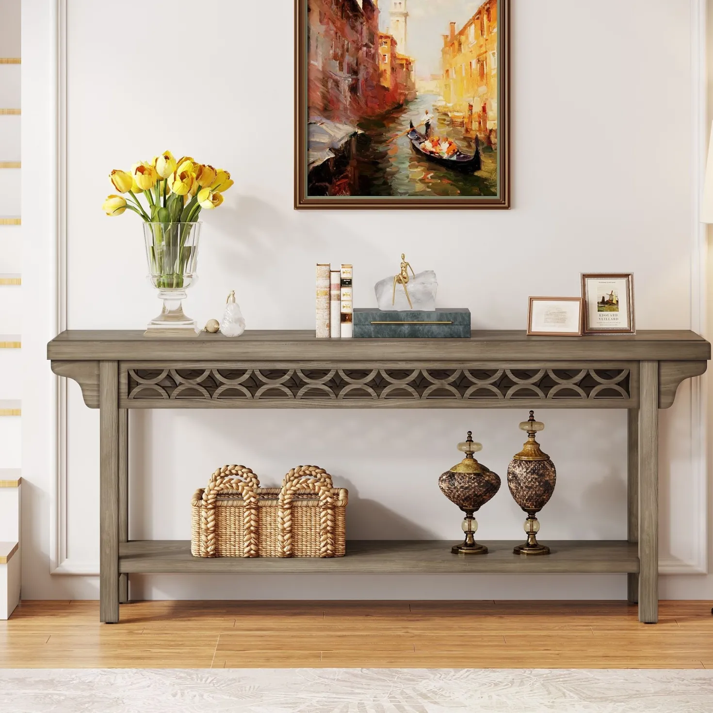 Farmhouse Console Table, 70.8" Narrow Wood Sofa Table with Storage