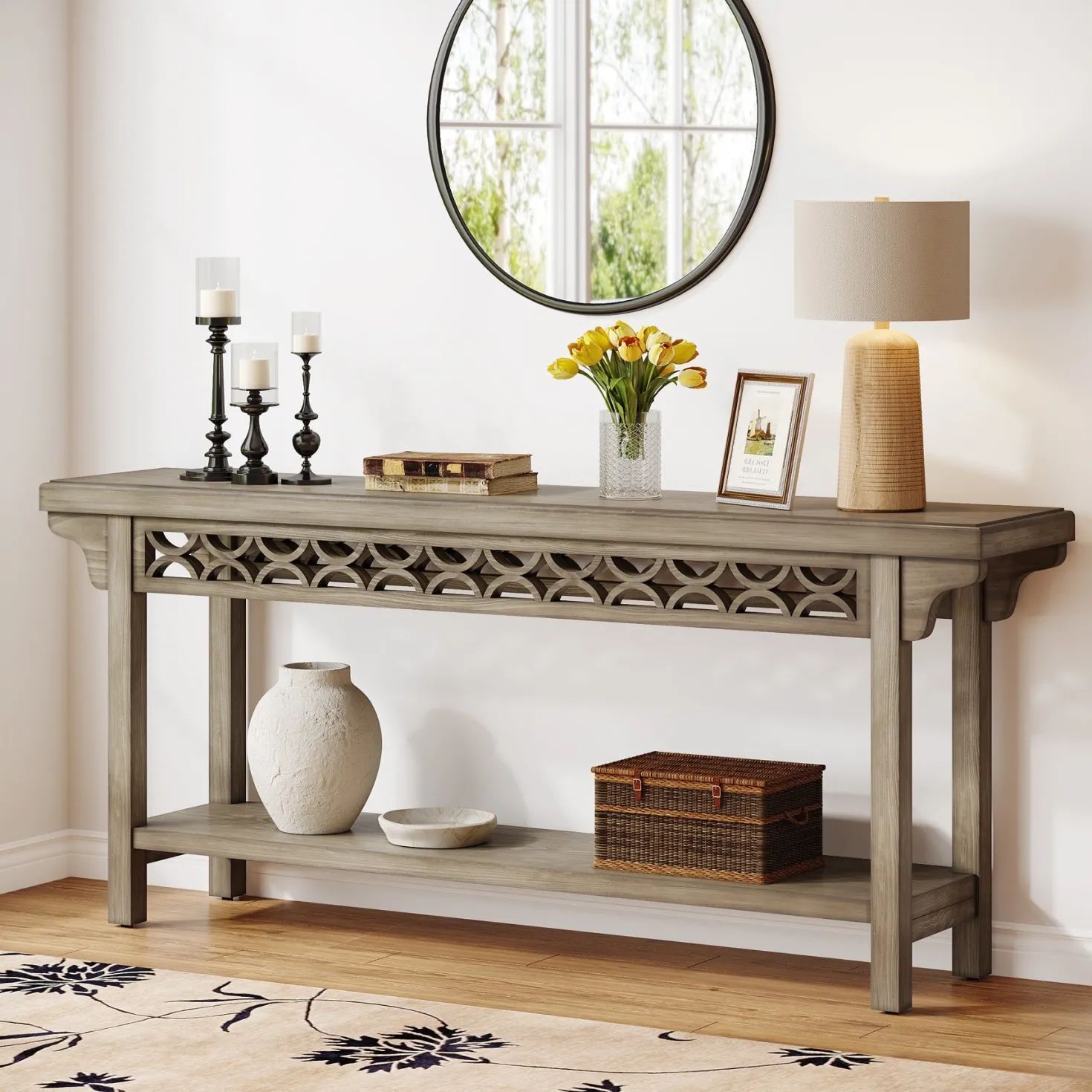 Farmhouse Console Table, 70.8" Narrow Wood Sofa Table with Storage