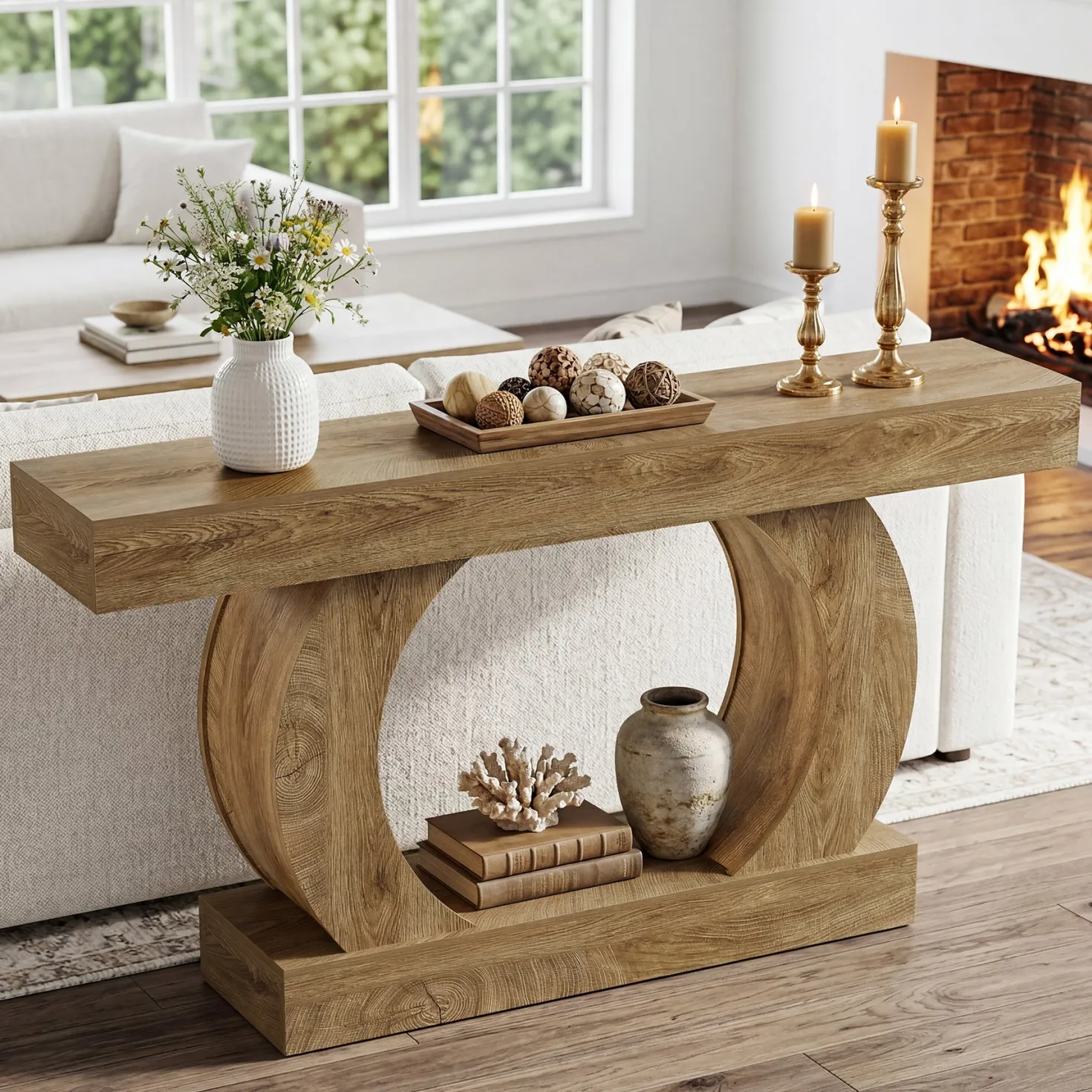 Farmhouse Console Table, 59" Entryway Table with Unique Circular Base for Hallway