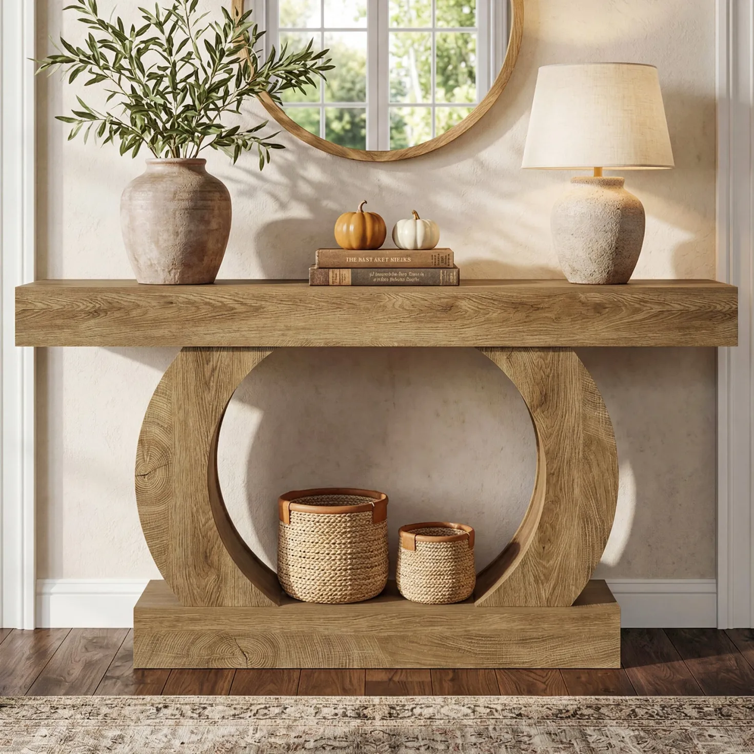 Farmhouse Console Table, 59" Entryway Table with Unique Circular Base for Hallway