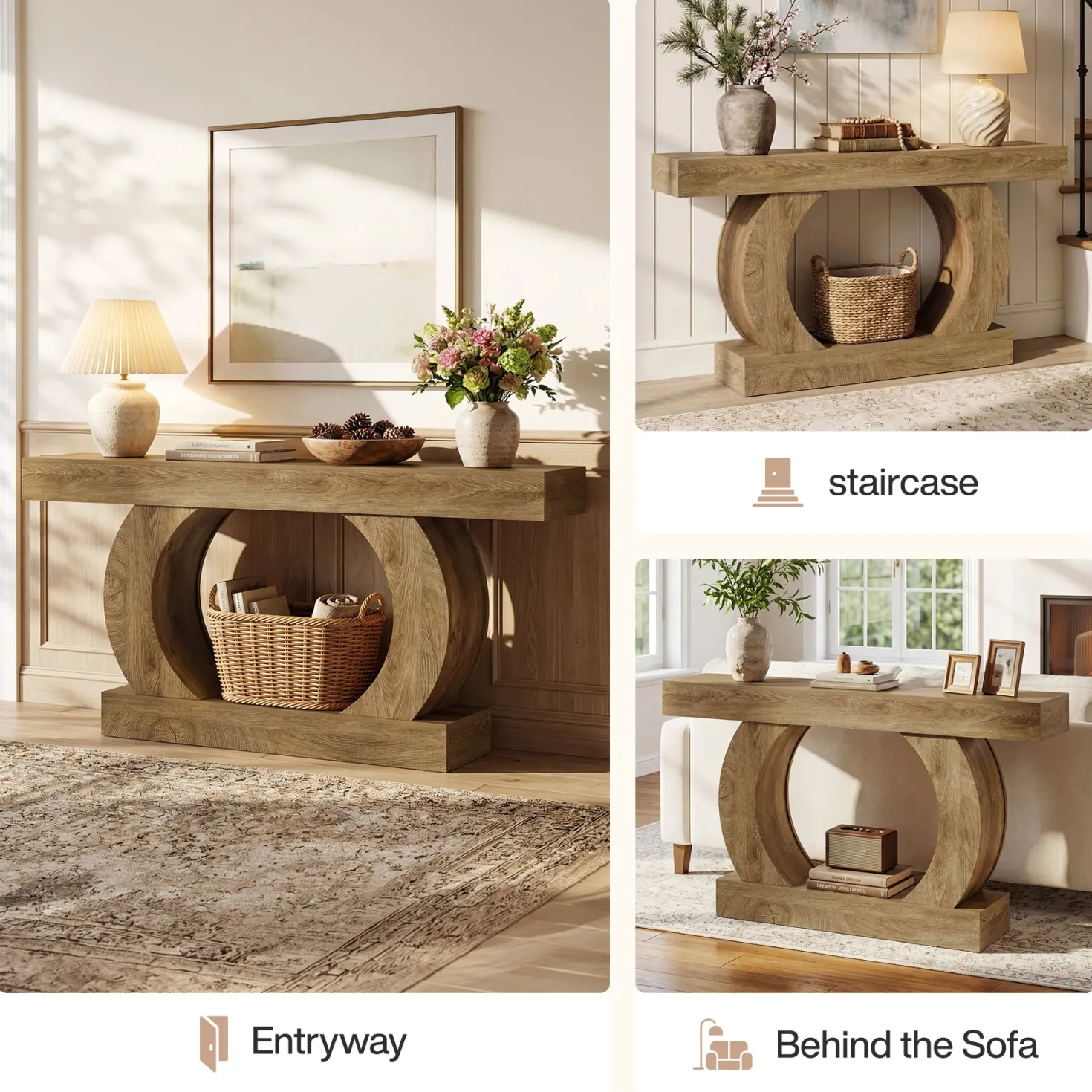 Farmhouse Console Table, 59" Entryway Table with Unique Circular Base for Hallway