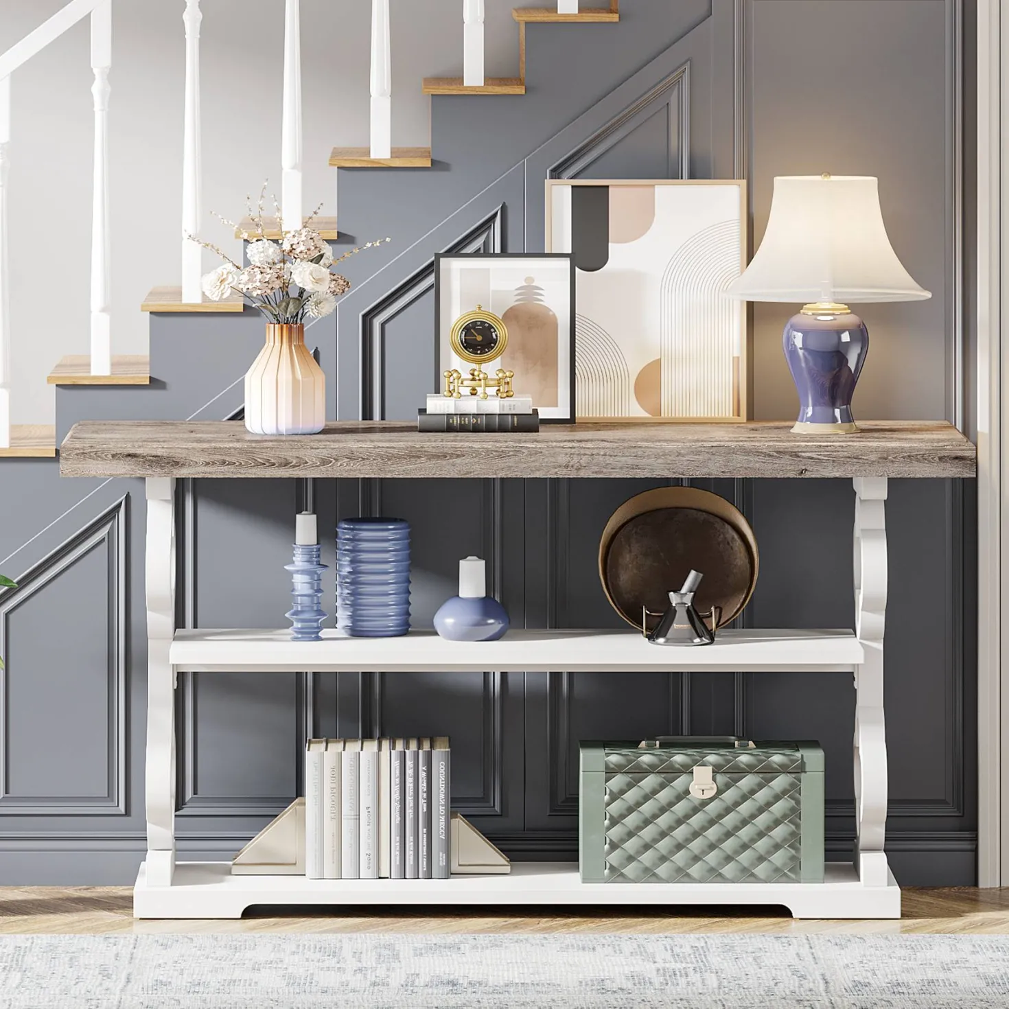 Farmhouse Console Table, 55" Entryway Sofa Table with Storage Shelves