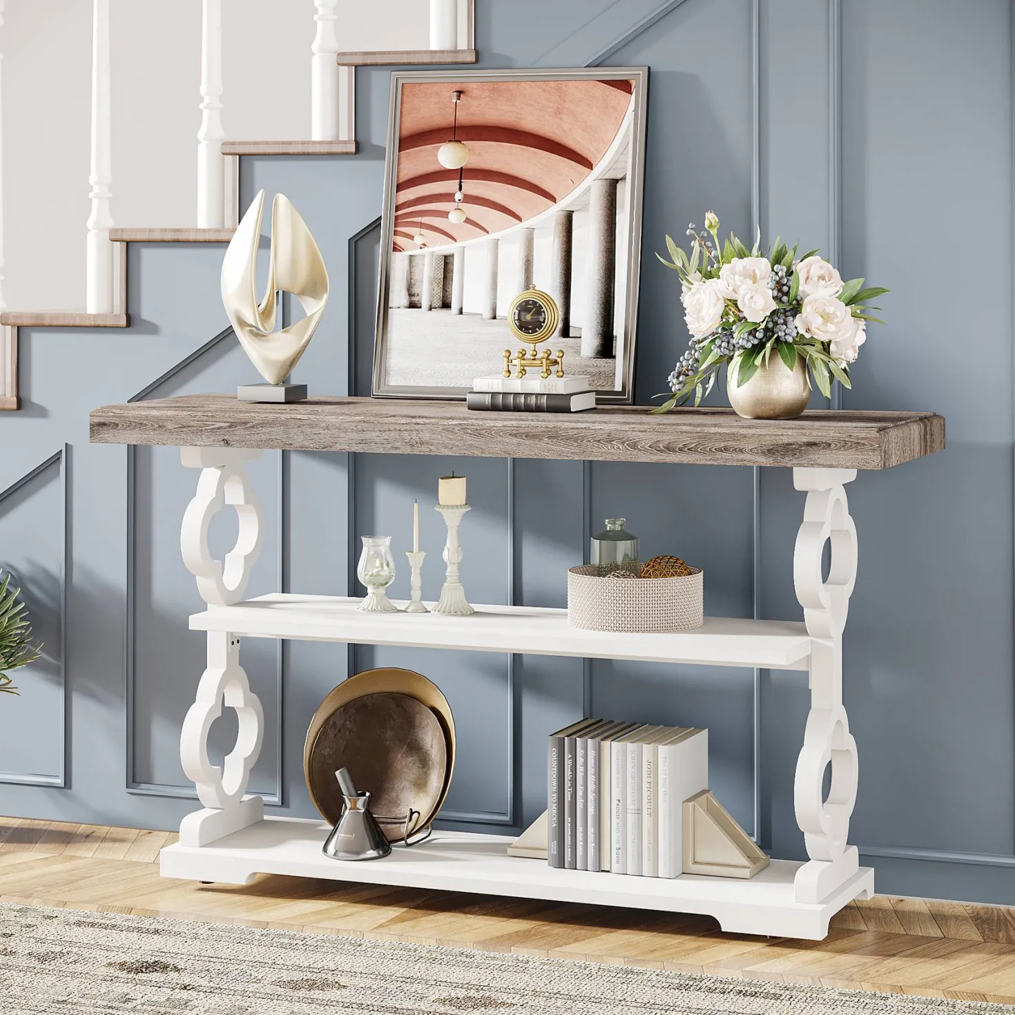 Farmhouse Console Table, 55" Entryway Sofa Table with Storage Shelves
