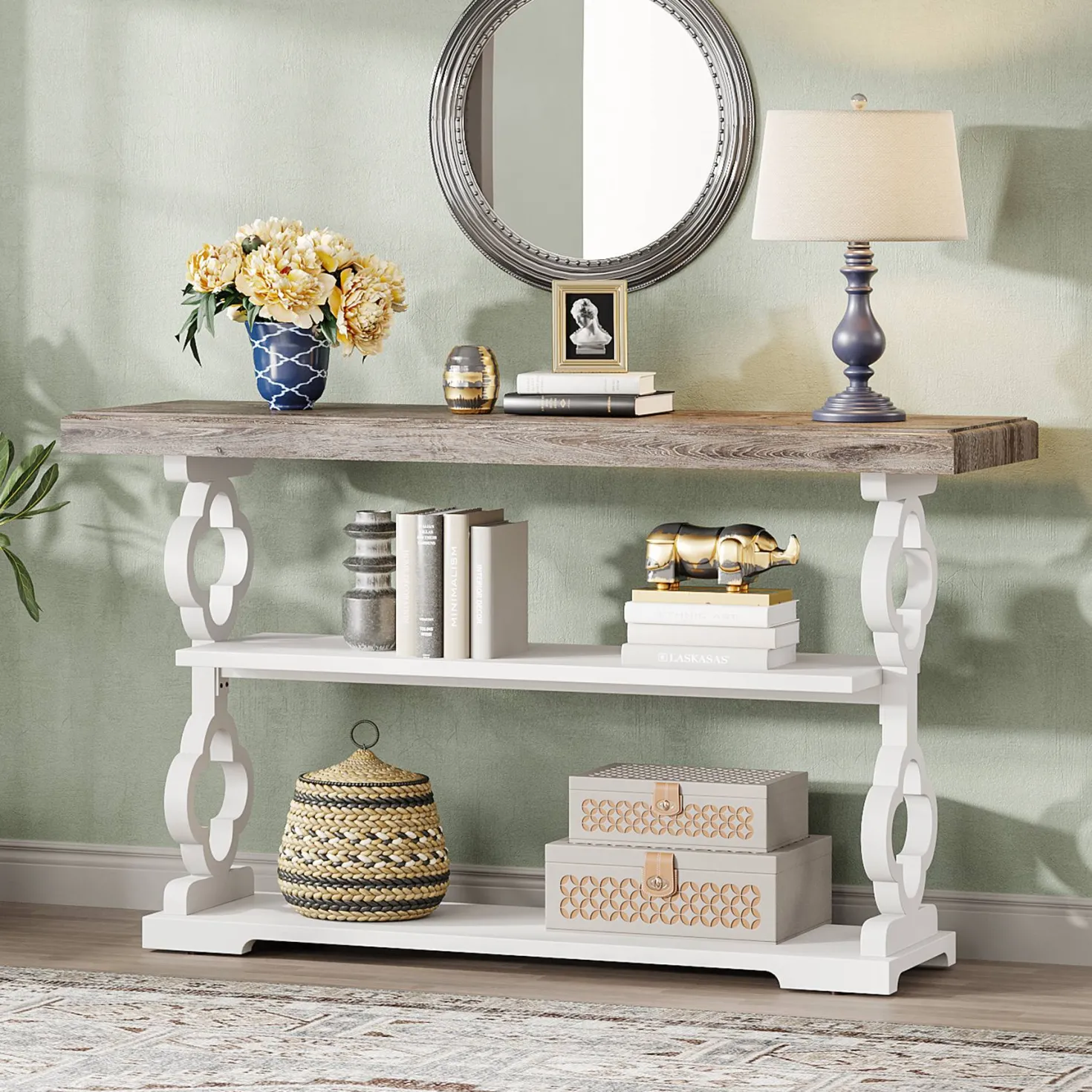 Farmhouse Console Table, 55" Entryway Sofa Table with Storage Shelves