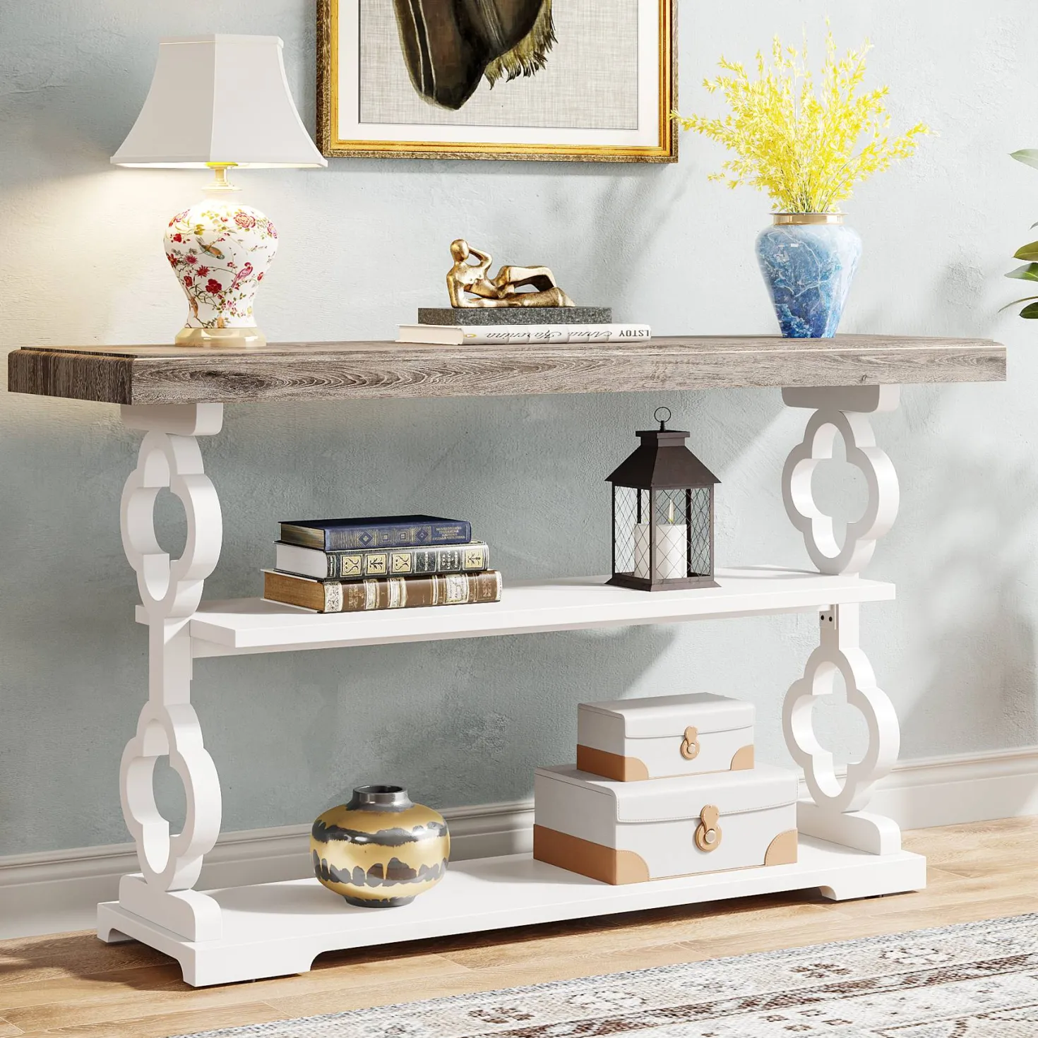 Farmhouse Console Table, 55" Entryway Sofa Table with Storage Shelves