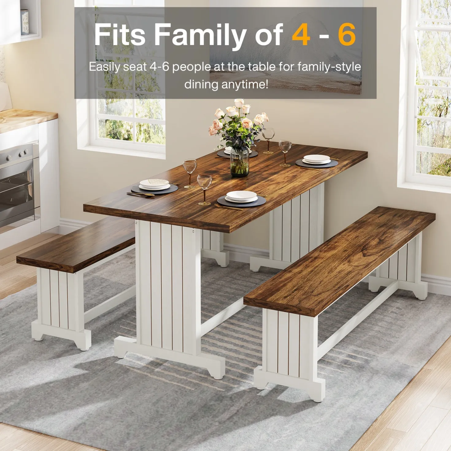 Farmhouse Dining Table Set, 47" Kitchen Table with 2 Benches