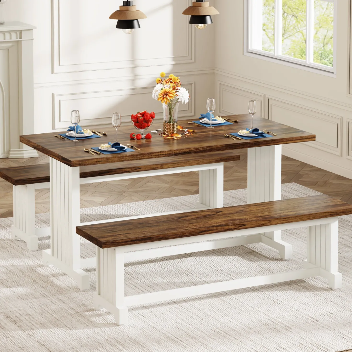 Farmhouse Dining Table Set, 47" Kitchen Table with 2 Benches