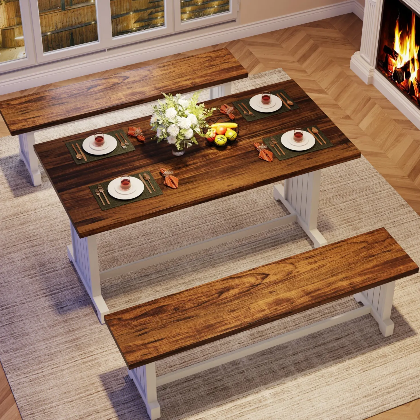 Farmhouse Dining Table Set, 47" Kitchen Table with 2 Benches