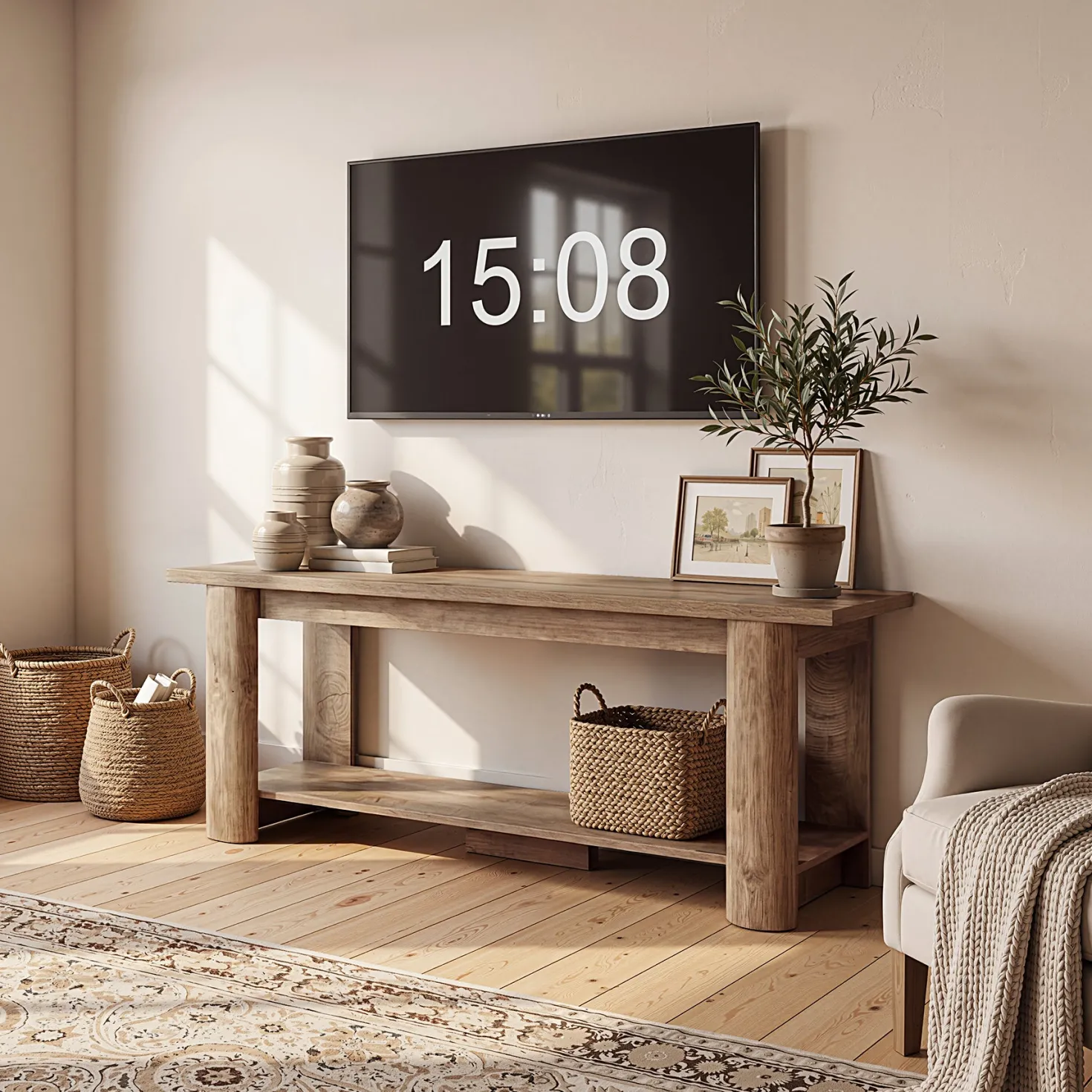 Farmhouse TV Stand for up to 65" TVs, Rustic Entertainment Center with 2-Tier Open Storage